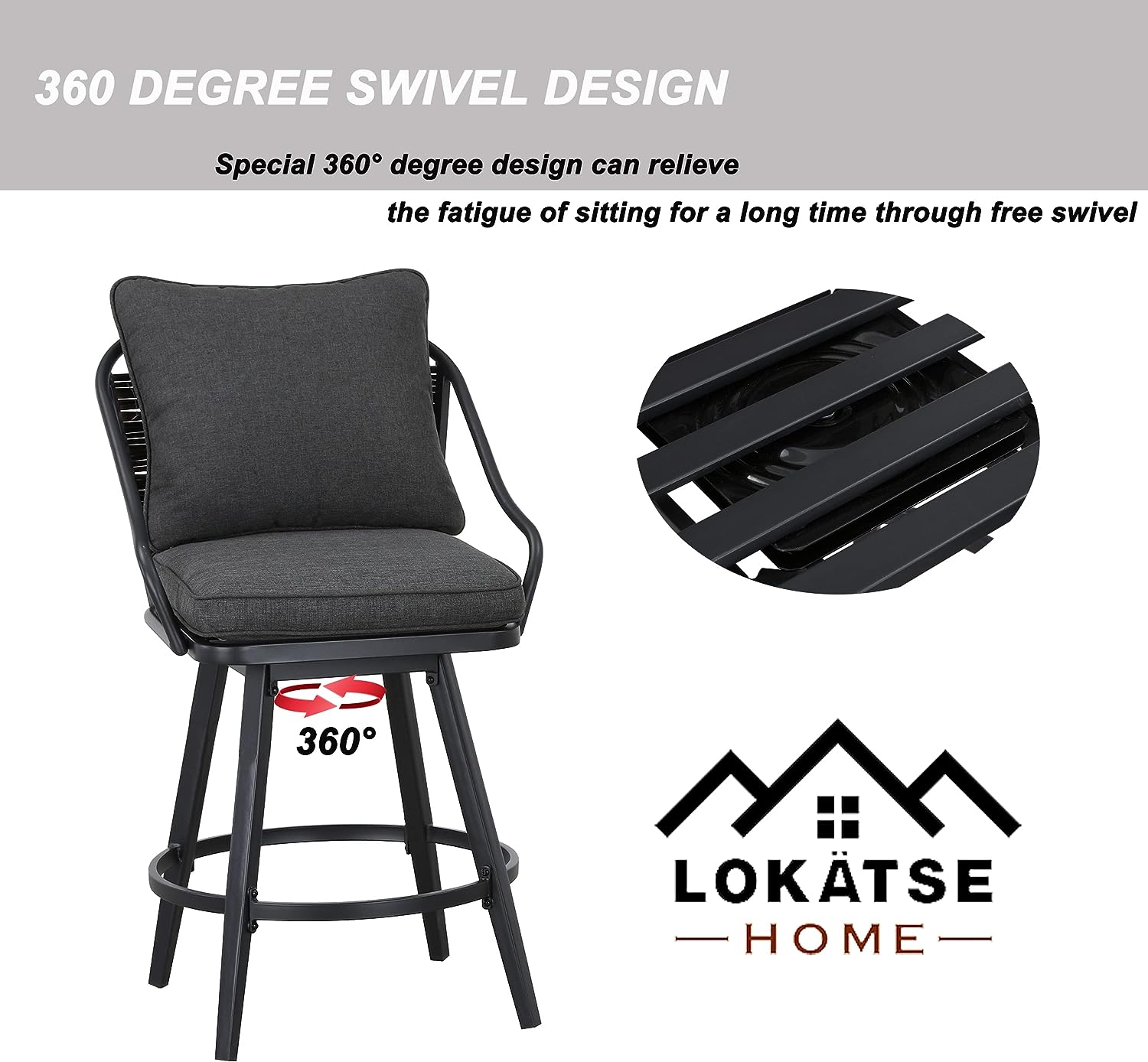 Festival Depot 2 Pcs Outdoor Swivel Bar Height Stools Patio Dining Armchair with Wicker Back Metal Frame Removable Cushion for Bistro Bar Indoor Home Counter Garden Pool (Grey)