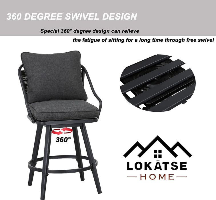 Elegant 2-Piece Outdoor 25" Swivel Counter Height Chairs with Wicker Detailing and Cushions 