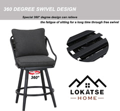 Festival Depot 2 Pcs Outdoor Swivel Bar Height Stools Patio Dining Armchair with Wicker Back Metal Frame Removable Cushion for Bistro Bar Indoor Home Counter Garden Pool (Grey)
