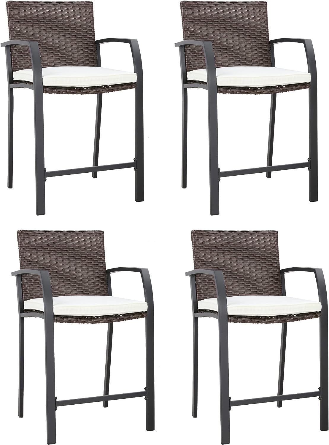 Festival Depot Wicker Bar Stools Patio Rattan Bistro Height Chairs Furniture Set with Beige Cushions, Footrests, Armrests, Metal Frame for Deck Poolside Porch Backyard