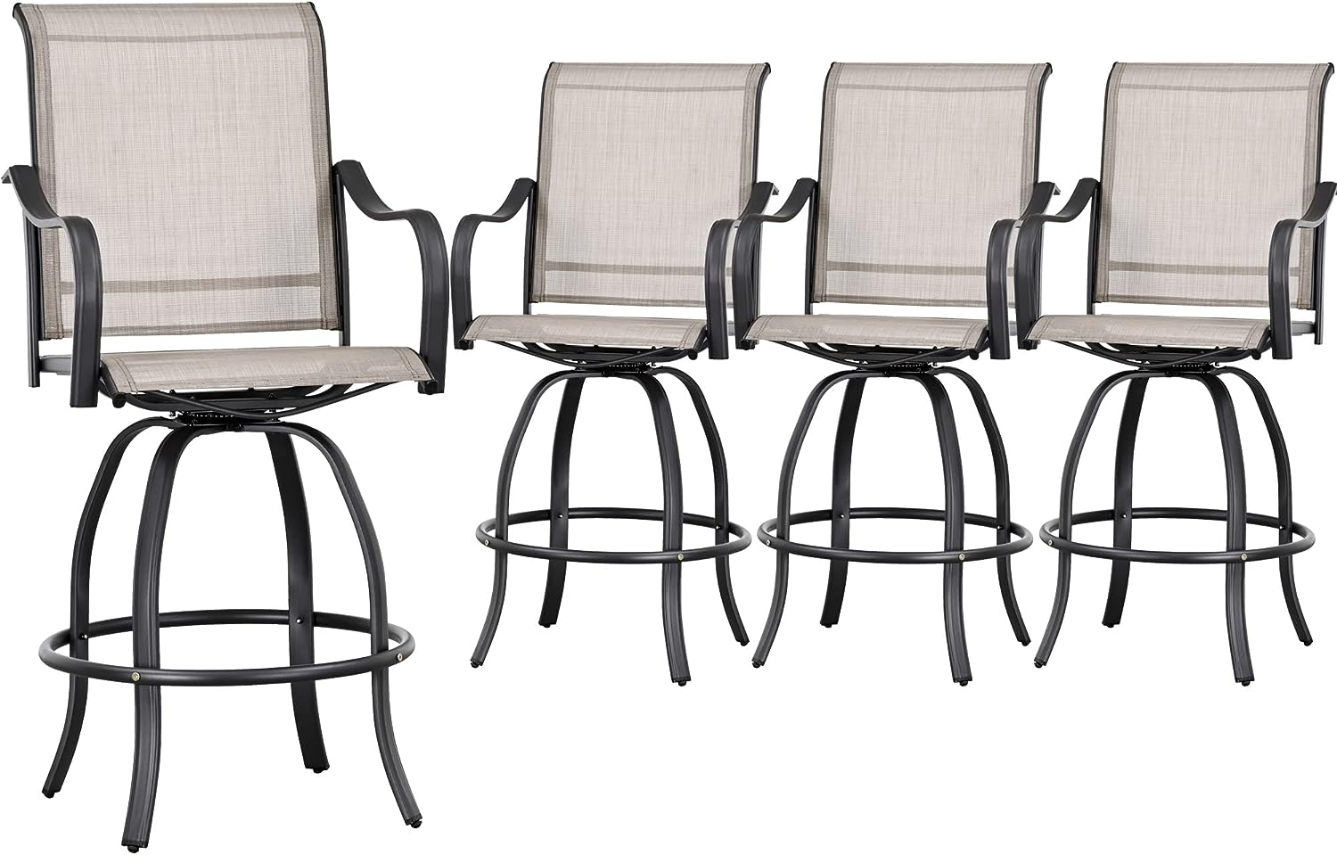 Festival Depot 4Pcs Patio Bistro Set High Back 360° Swivel Chairs with Textilene Fabric and Curved Armrest Bar Height Stools All Weather Metal Outdoor Furniture for Deck Lawn Garden