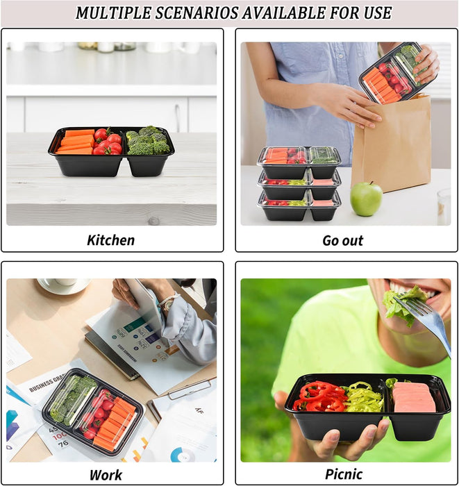 32 oz. 8.86"x 6.1"x 2.56" Rectangle 2 Compartment Meal Prep Containers, Plastic To Go Containers with Lids 