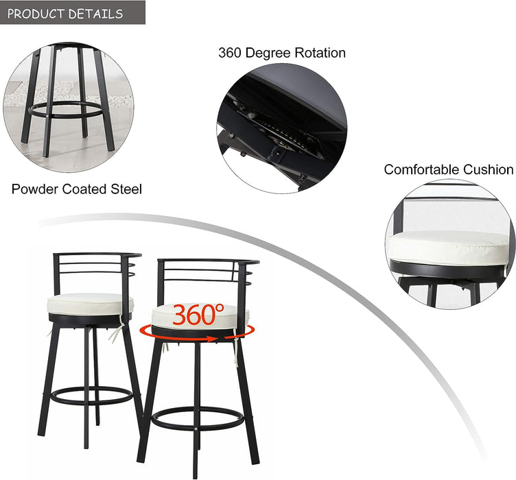 Beige Outdoor 27.5" Backrest Swivel Bar Chairs with Removable Thick Cushion & Black Metal Frame 