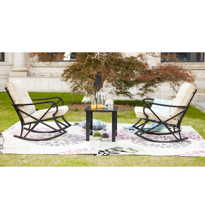 Luxury 3 Piece Outdoor Steel Rocking Chair Set Bistro Set with Coffee Table and Cushions 