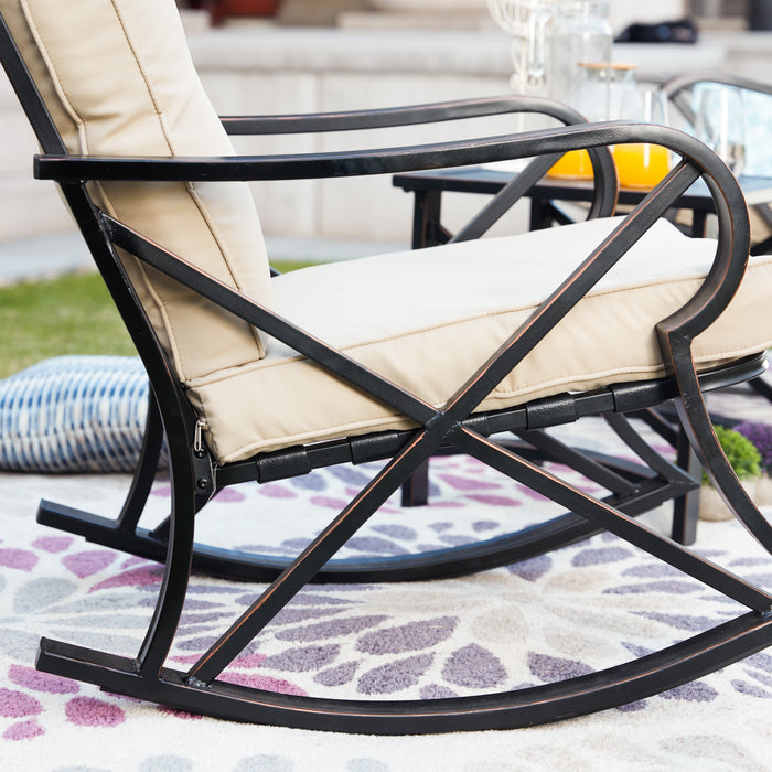 Luxury 3 Piece Outdoor Steel Rocking Chair Set Bistro Set with Coffee Table and Cushions 