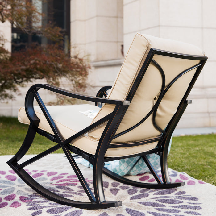 Luxury 3 Piece Outdoor Steel Rocking Chair Set Bistro Set with Coffee Table and Cushions 