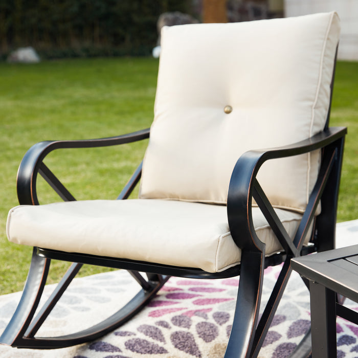 Luxury 3 Piece Outdoor Steel Rocking Chair Set Bistro Set with Coffee Table and Cushions 