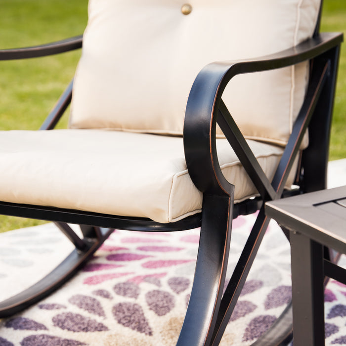 Luxury 3 Piece Outdoor Steel Rocking Chair Set Bistro Set with Coffee Table and Cushions 