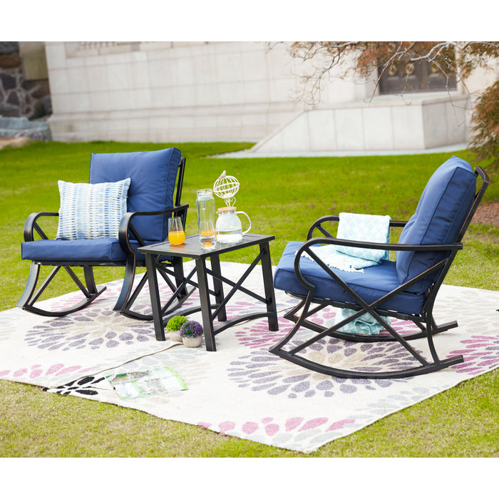 Luxury 3 Piece Outdoor Steel Rocking Chair Set Bistro Set with Coffee Table and Cushions