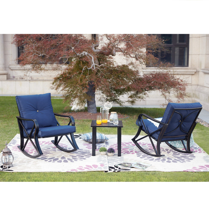 Luxury 3 Piece Outdoor Steel Rocking Chair Set Bistro Set with Coffee Table and Cushions 