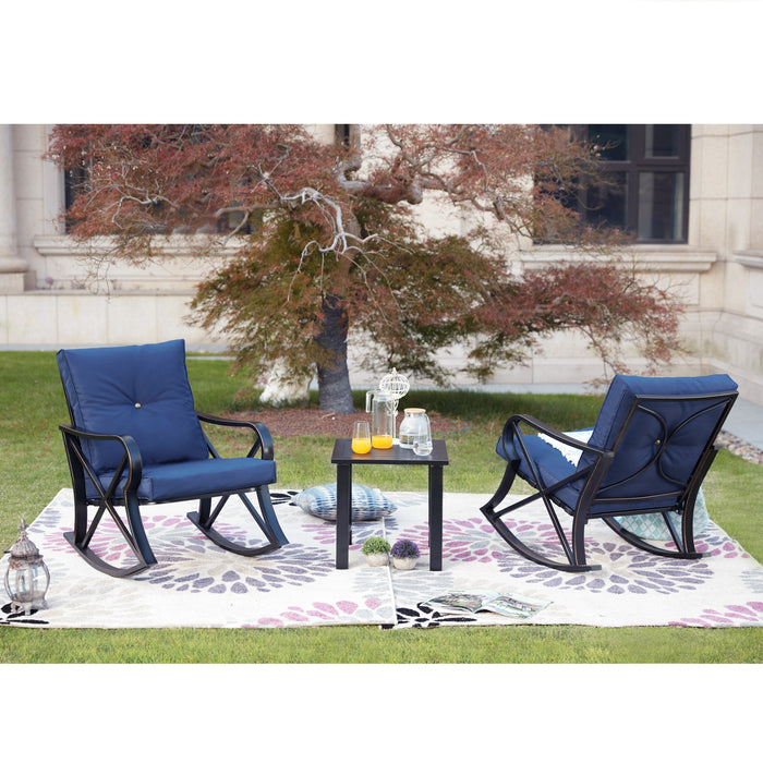 Luxury 3 Piece Outdoor Steel Rocking Chair Set Bistro Set with Coffee Table and Cushions