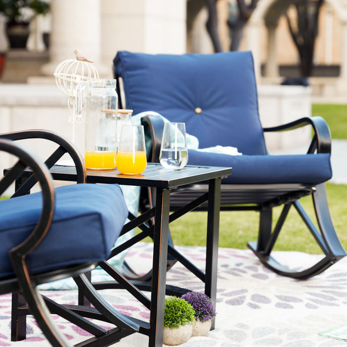 Luxury 3 Piece Outdoor Steel Rocking Chair Set Bistro Set with Coffee Table and Cushions 