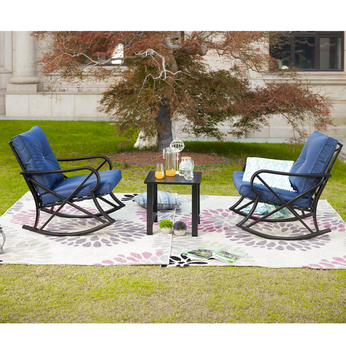 Luxury 3 Piece Outdoor Steel Rocking Chair Set Bistro Set with Coffee Table and Cushions