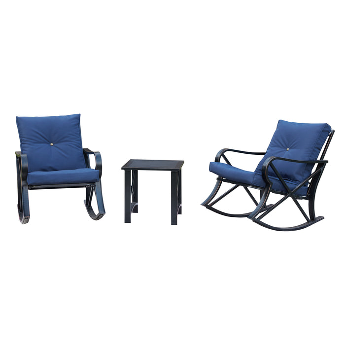 Luxury 3 Piece Outdoor Steel Rocking Chair Set Bistro Set with Coffee Table and Cushions 