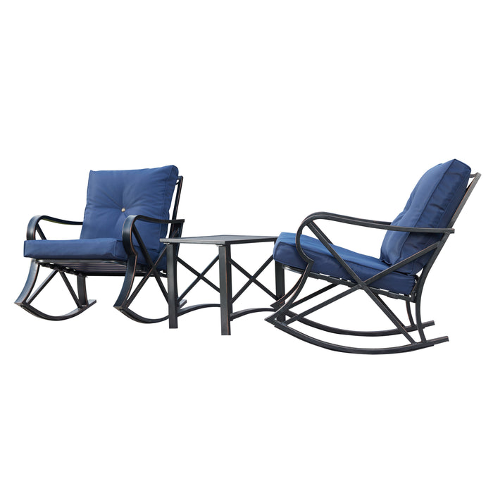 Luxury 3 Piece Outdoor Steel Rocking Chair Set Bistro Set with Coffee Table and Cushions 