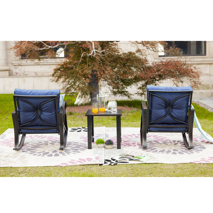 Luxury 3 Piece Outdoor Steel Rocking Chair Set Bistro Set with Coffee Table and Cushions