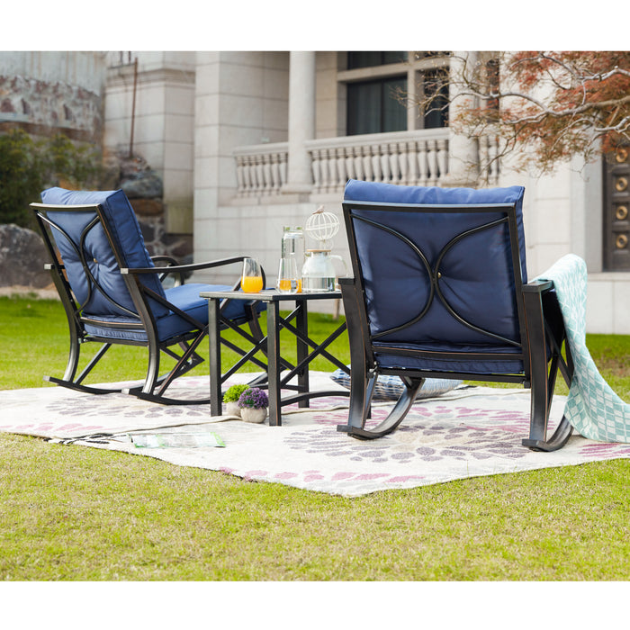 Luxury 3 Piece Outdoor Steel Rocking Chair Set Bistro Set with Coffee Table and Cushions