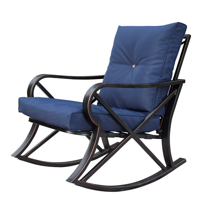 Luxury 3 Piece Outdoor Steel Rocking Chair Set Bistro Set with Coffee Table and Cushions 