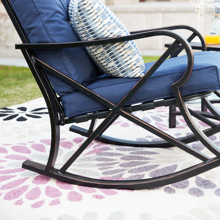 Luxury 3 Piece Outdoor Steel Rocking Chair Set Bistro Set with Coffee Table and Cushions 