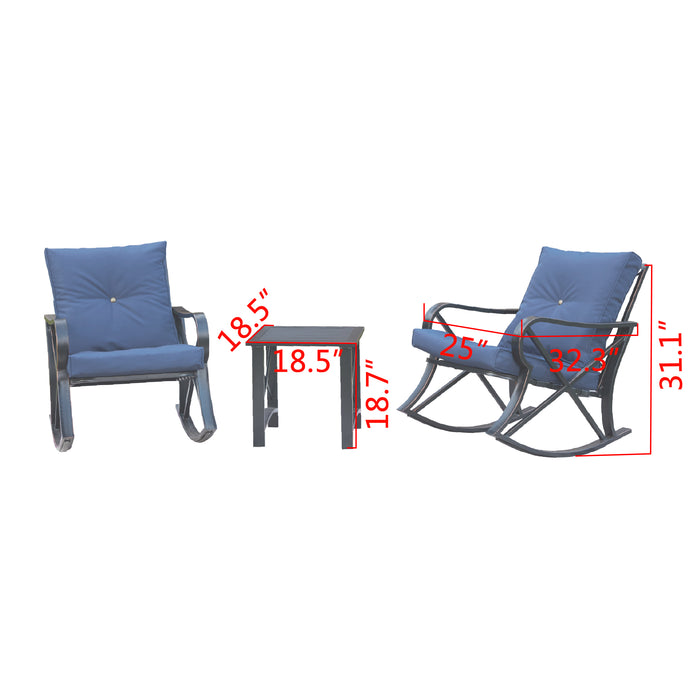 Luxury 3 Piece Outdoor Steel Rocking Chair Set Bistro Set with Coffee Table and Cushions