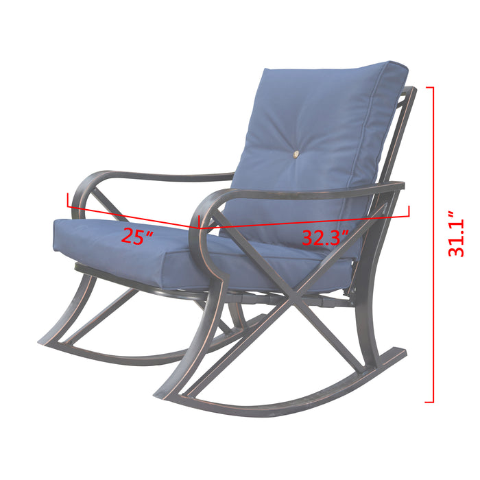 Luxury 3 Piece Outdoor Steel Rocking Chair Set Bistro Set with Coffee Table and Cushions