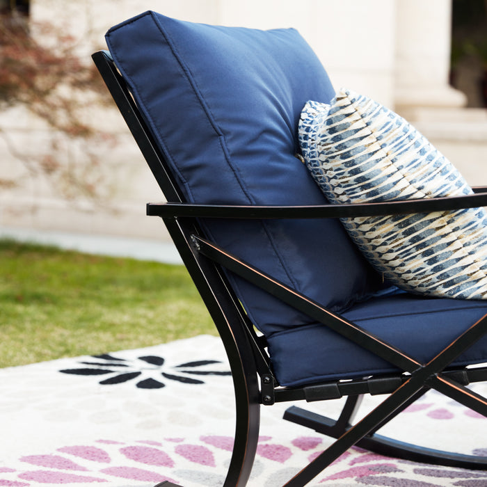 Luxury 3 Piece Outdoor Steel Rocking Chair Set Bistro Set with Coffee Table and Cushions 