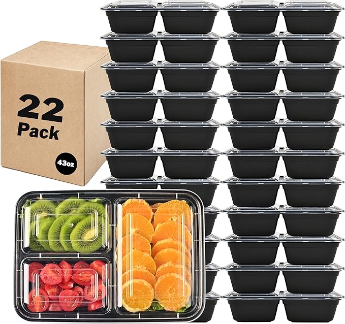 43 oz. 9.84"x7.09"x2.56" Rectangle 3 Compartment Meal Prep Containers, Plastic To Go Containers with Lids 