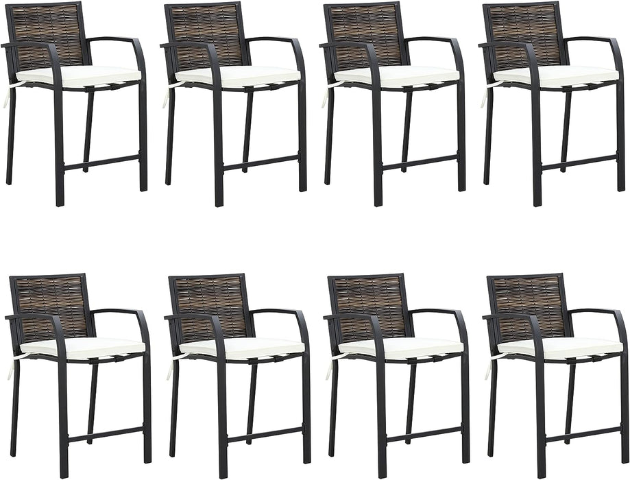 Elegance Wicker Counter Height Patio Stools Rattan Armrests Bar Chairs Set with Beige Cushions Footrests and Metal Frame 
