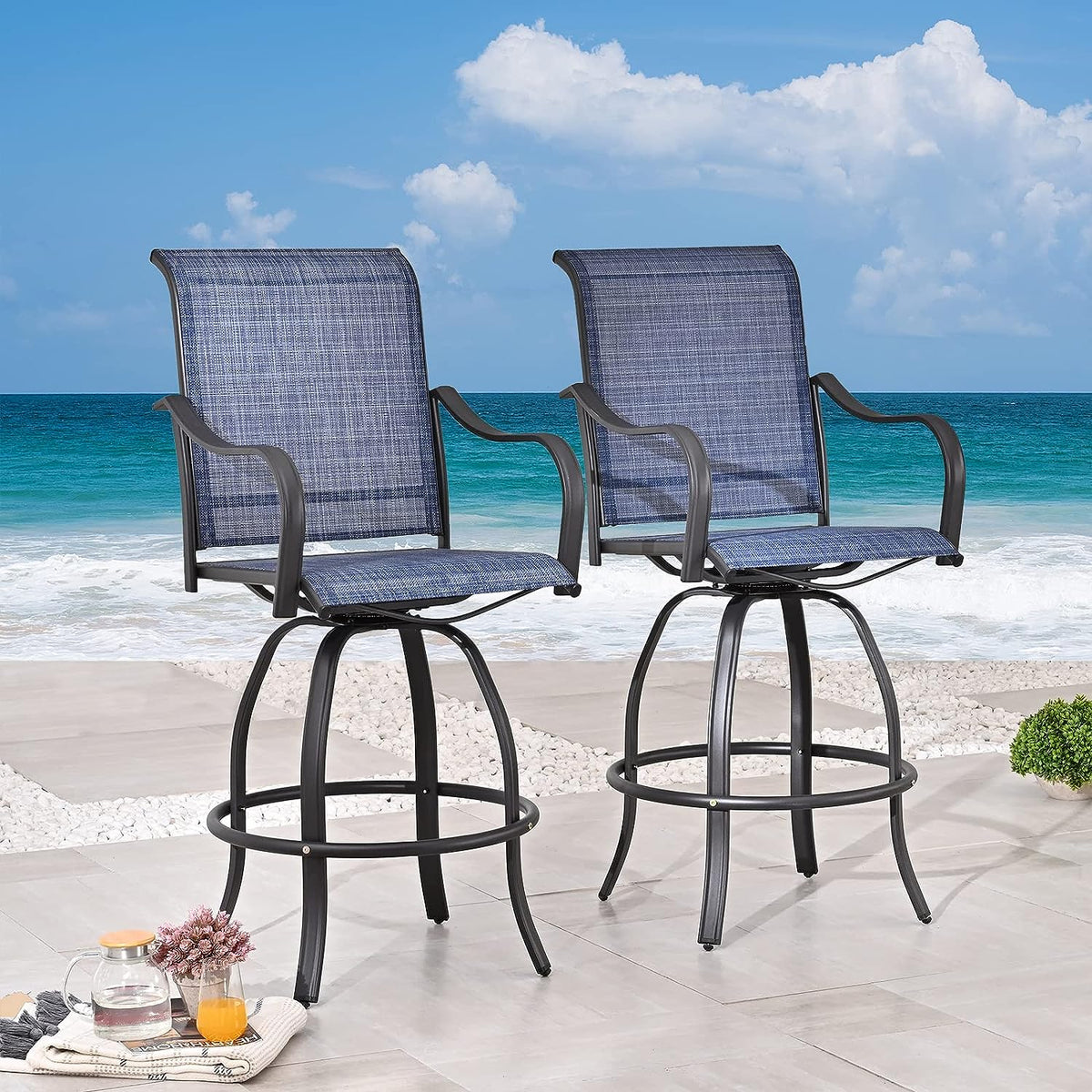 Festival Depot 2 Pcs Bar Bistro Patio Dining Chairs Textilene High Stools 360° Swivel Chairs with Curved Armrest and Metal Frame Outdoor Furniture for Garden Pool All-Weather (Blue)