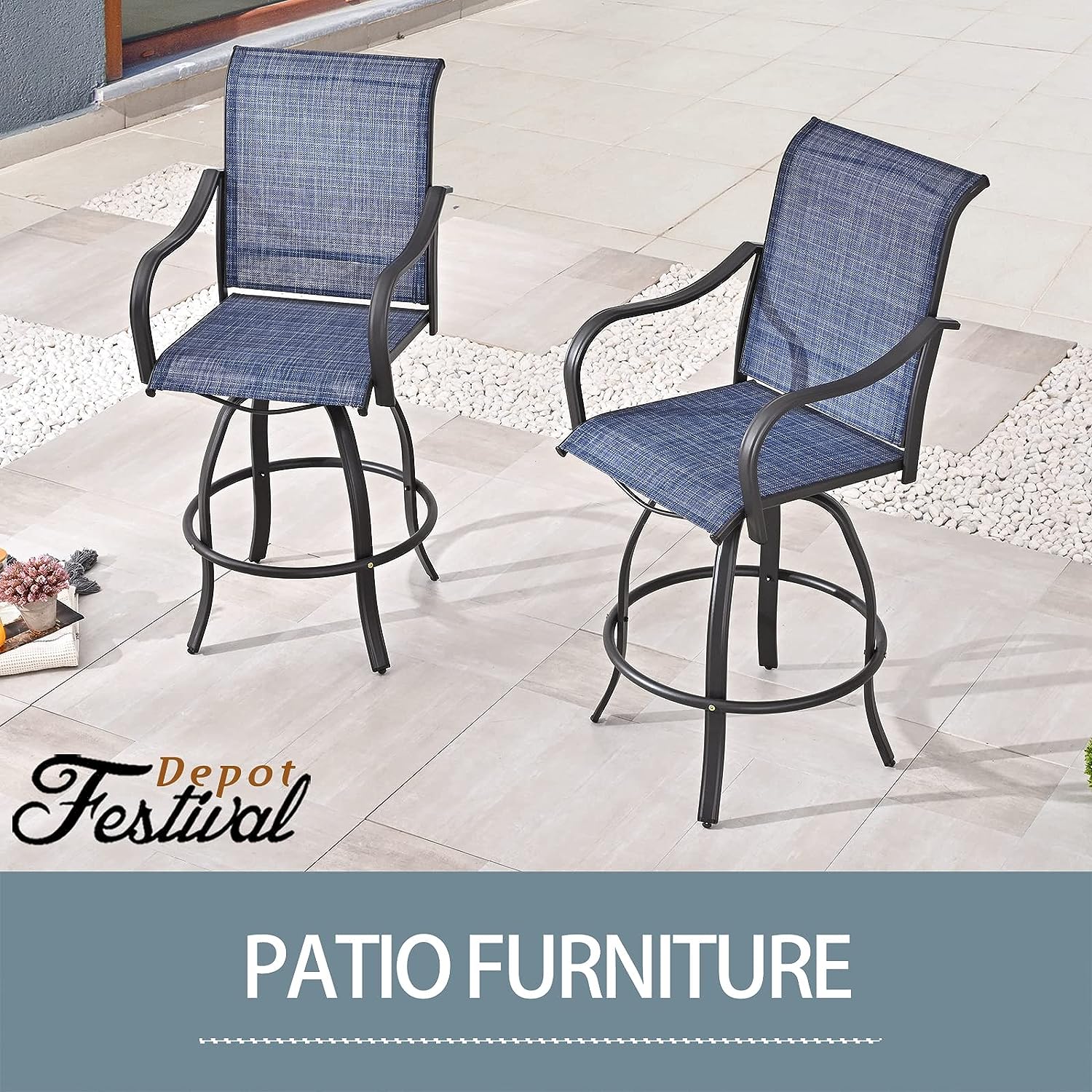 Festival Depot 2 Pcs Bar Bistro Patio Dining Chairs Textilene High Stools 360° Swivel Chairs with Curved Armrest and Metal Frame Outdoor Furniture for Garden Pool All-Weather (Blue)