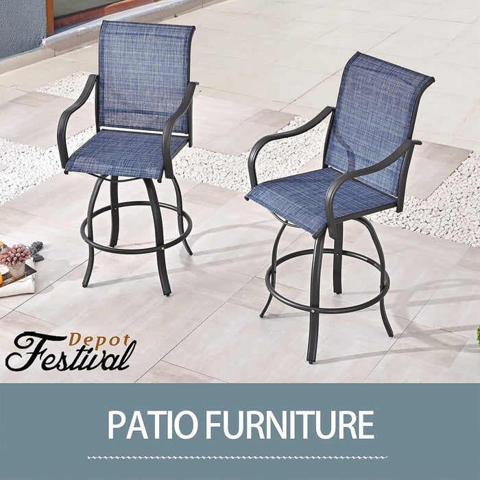 2-Pack Blue Counter Bar Height Textilene Swivel Stool Armrests Dining Chairs for Outdoor Bistro Elegance 