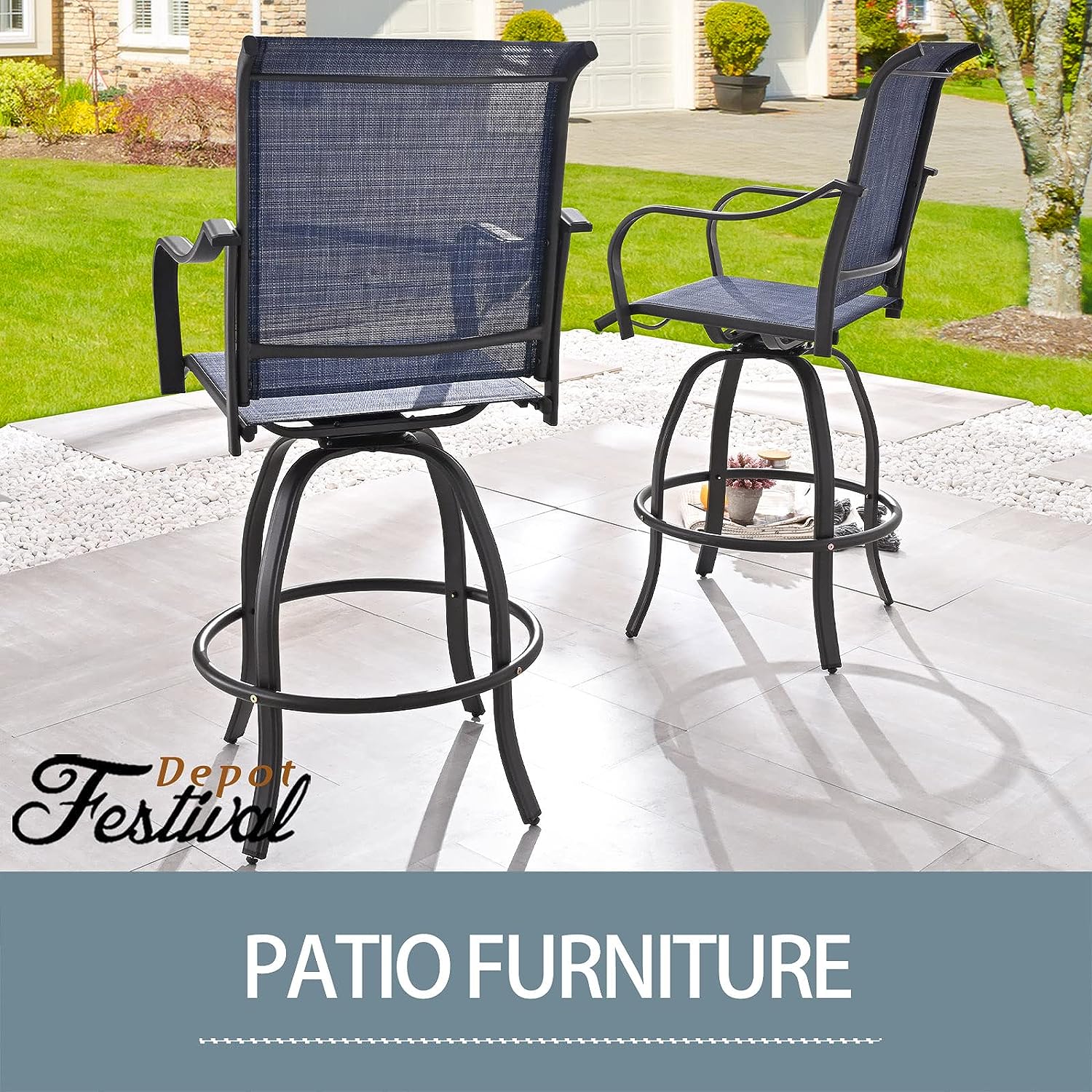 Festival Depot 2 Pcs Bar Bistro Patio Dining Chairs Textilene High Stools 360° Swivel Chairs with Curved Armrest and Metal Frame Outdoor Furniture for Garden Pool All-Weather (Blue)