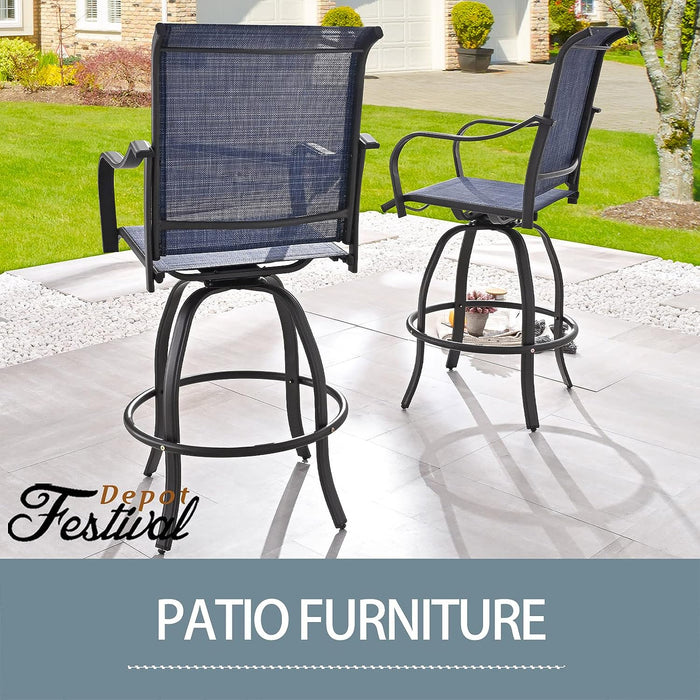 2-Pack Blue Counter Bar Height Textilene Swivel Stool Armrests Dining Chairs for Outdoor Bistro Elegance 
