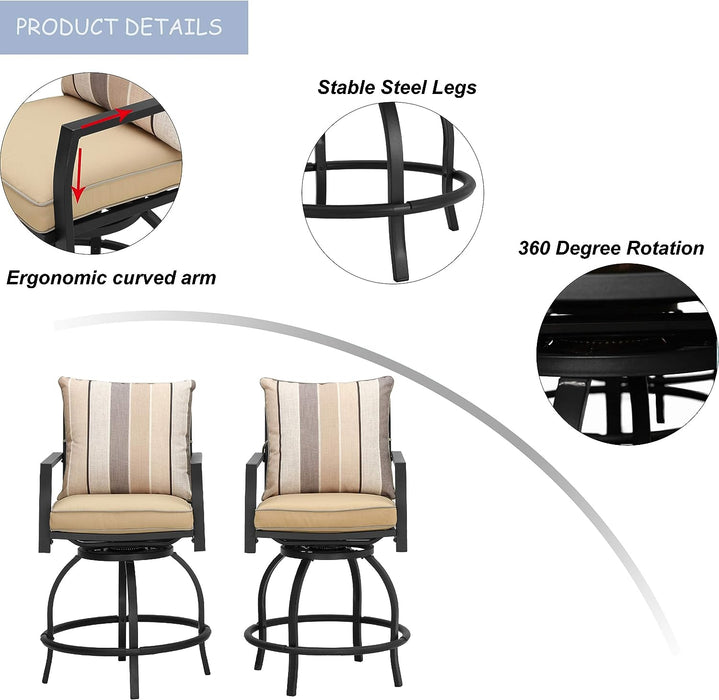 Elegant 2-Piece 24.5" Patio Swivel Backrest Counter Height Chair Set with Armrests and Cushioned Seats 
