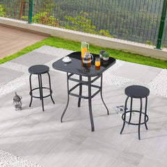 Sports Festival 3 Pcs Patio Bistro Height Set Outdoor Furniture, Backless Bar Stool Chair with Round Seat, Foot Pedals and 40" Tempered Glass Desktop Metal Frame Steel Square Table for Deck Porch Lawn