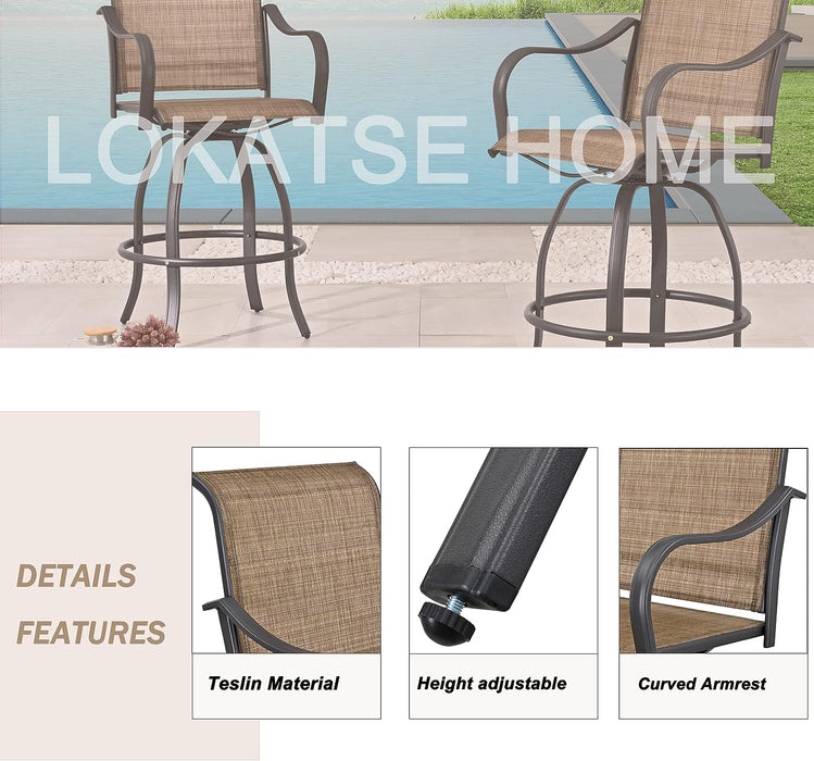 4-Piece Brown 27.6" Bar Height Textilene Swivel Stool Armrests Dining Chairs for Outdoor Bistro Elegance 