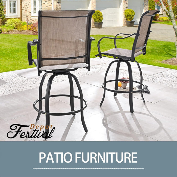 2-Piece Taupe 29.5" Bar Height Textilene Swivel Stool Armrests Dining Chairs for Outdoor Bistro Elegance