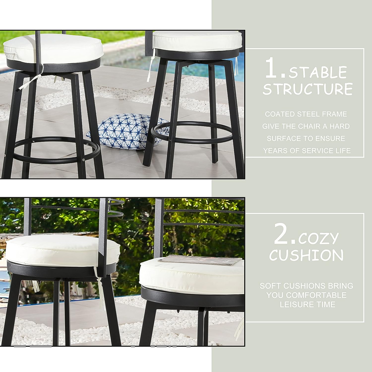 Festival Depot Patio Swivel Chair Bar Stools Outdoor Armchair with Black Metal Frame Removable Cushion for Bistro Bar Indoor Home Counter Garden Pool (Beige)
