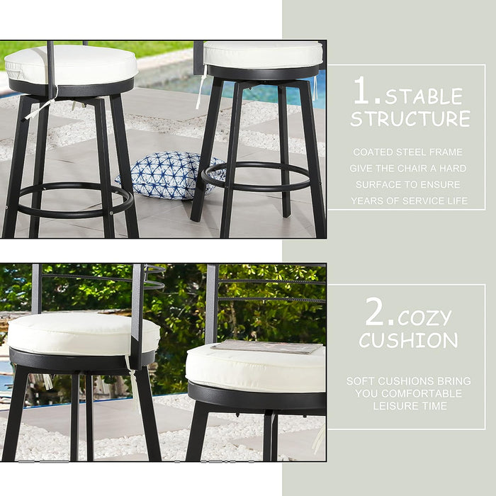 Beige Outdoor 27.5" Backrest Swivel Bar Chairs with Removable Thick Cushion & Black Metal Frame 