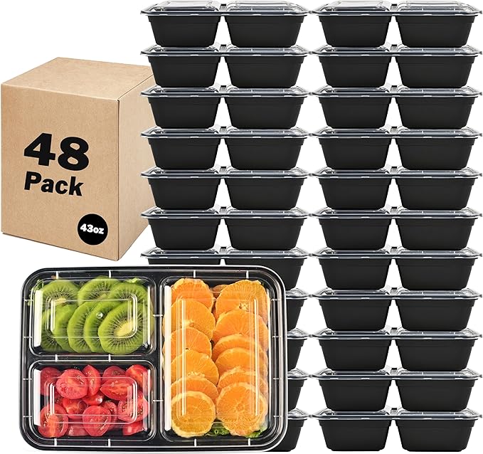 43 oz. 9.84"x7.09"x2.56" Rectangle 3 Compartment Meal Prep Containers, Plastic To Go Containers with Lids 