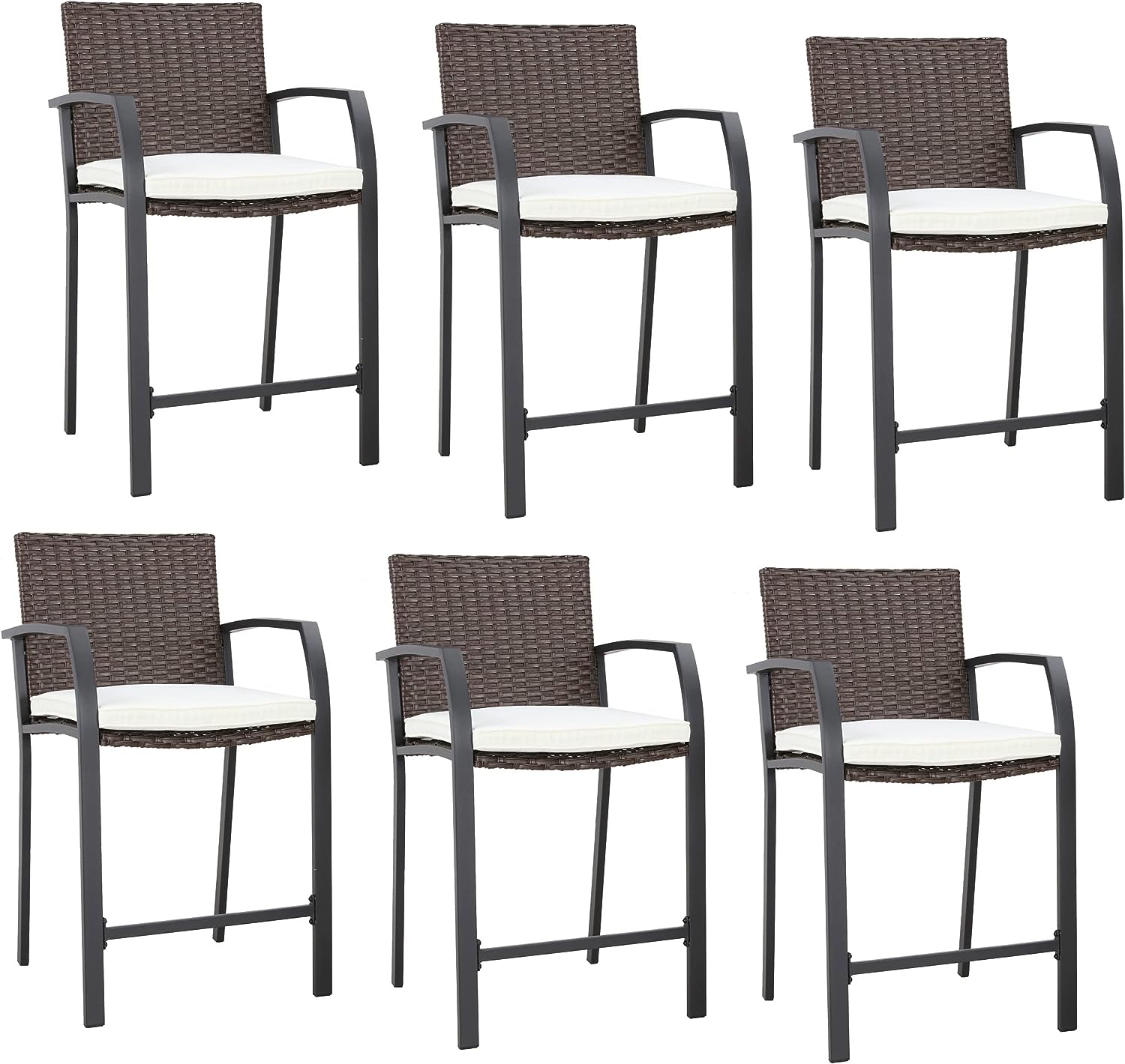 Festival Depot Wicker Bar Stools Patio Rattan Bistro Height Chairs Furniture Set with Beige Cushions, Footrests, Armrests, Metal Frame for Deck Poolside Porch Backyard