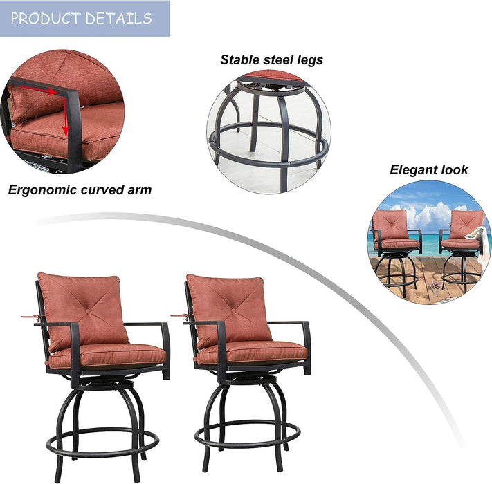 Elegant 2-Piece 24.5" Patio Swivel Backrest Counter Height Chair Set with Armrests and Cushioned Seats 