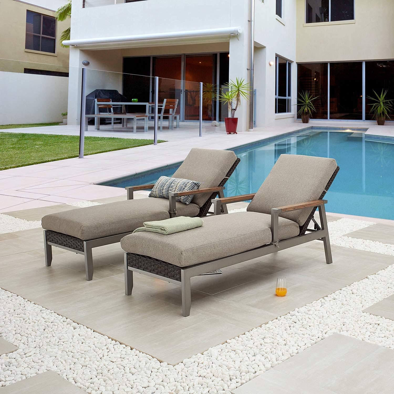 Festival Depot 2 Pieces Outdoor Patio Chaise Rattan Wicker Lounge Chair with Adjustable Back and Removable Cushions for Poolside Backyard Lawn, Dark Grey