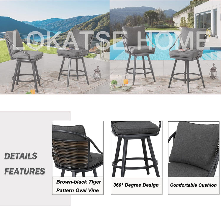 Elegant 2-Piece Outdoor 25" Swivel Counter Height Chairs with Wicker Detailing and Cushions 