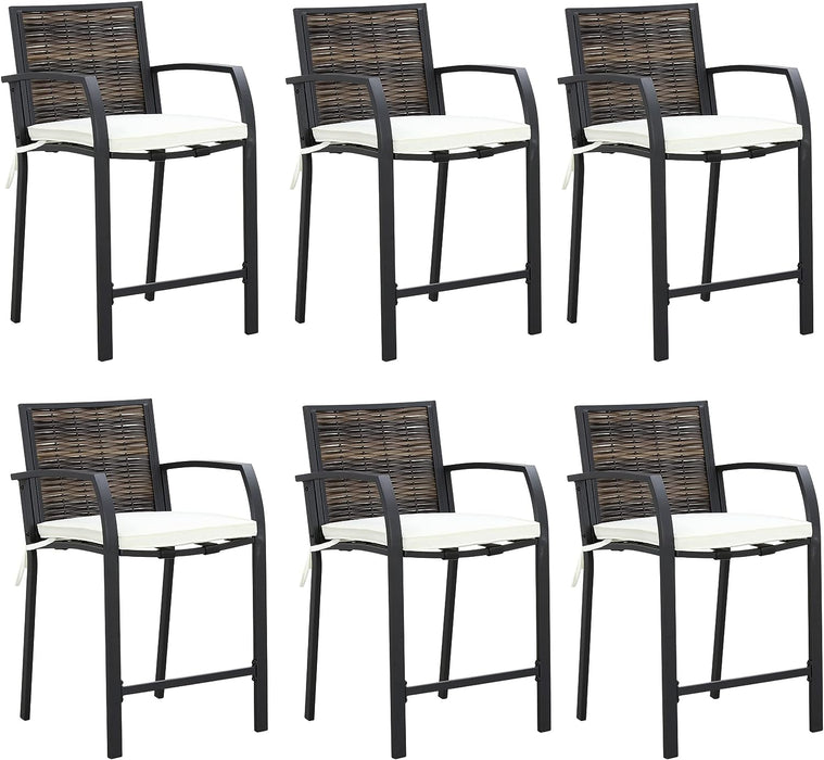 Elegance Wicker Counter Height Patio Stools Rattan Armrests Bar Chairs Set with Beige Cushions Footrests and Metal Frame 