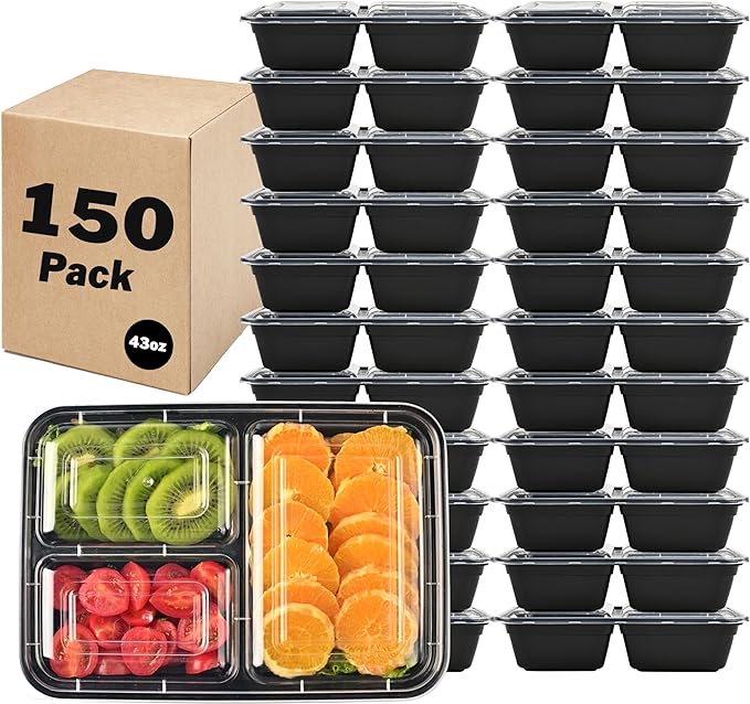 43 oz. 9.84"x7.09"x2.56" Rectangle 3 Compartment Meal Prep Containers, Plastic To Go Containers with Lids 