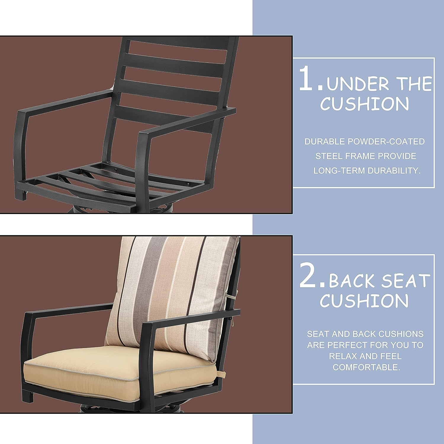 Festival Depot 2 Pcs Patio Swivel Chairs Bar Set Outdoor Furniture with Armrest, Back Seat Cushions and All-Weather Black Metal Steel Frame Legs for Poolside Deck Garden