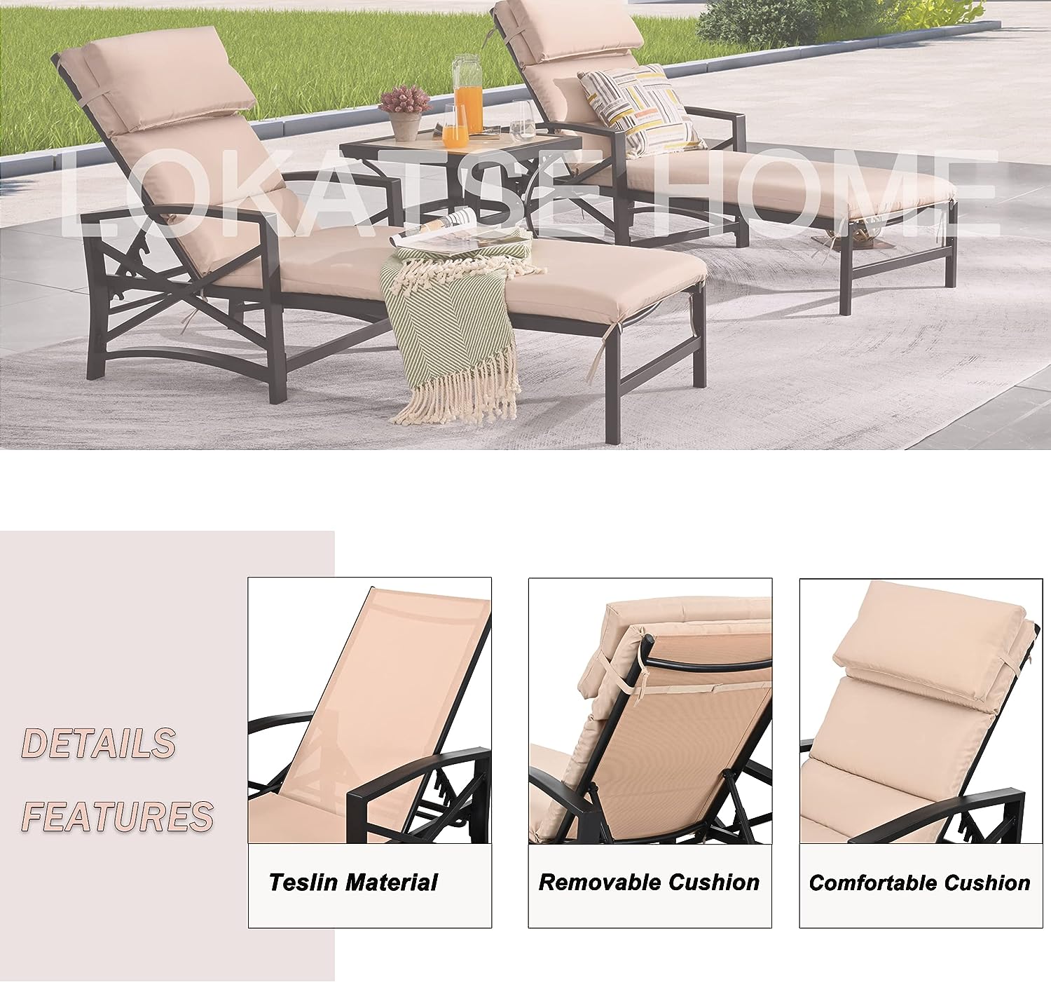 Festival Depot 2 Pieces Patio Outdoor Chaise Lounge Recliner Chairs with Cushions Set Premium Fabric Metal Frame Furniture Garden Bistro Soft Headrests
