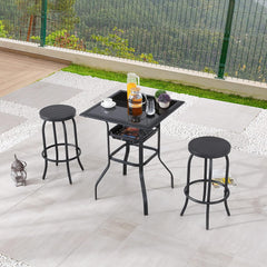 Sports Festival 3 Pcs Patio Bistro Height Set Outdoor Furniture, Backless Bar Stool Chair with Round Seat, Foot Pedals and Square Metal Frame Steel Tempered Glass Top Table for Deck Garden Lawn