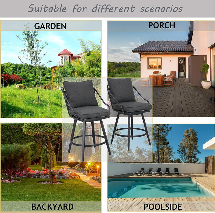 Elegant 2-Piece Outdoor 25" Swivel Counter Height Chairs with Wicker Detailing and Cushions 